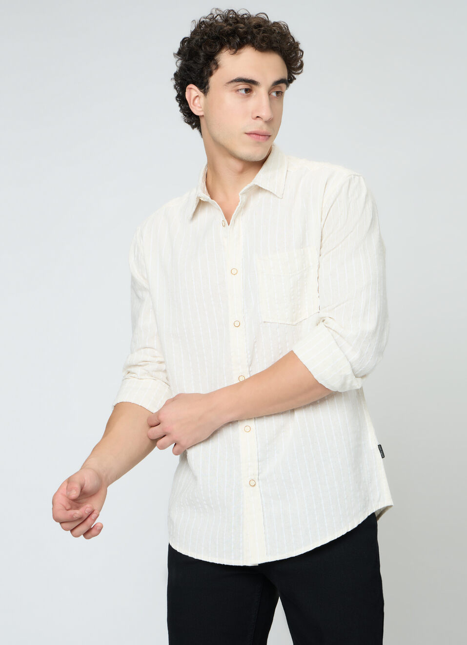 Men Natural Beige Striped Shirt, , large image number 0
