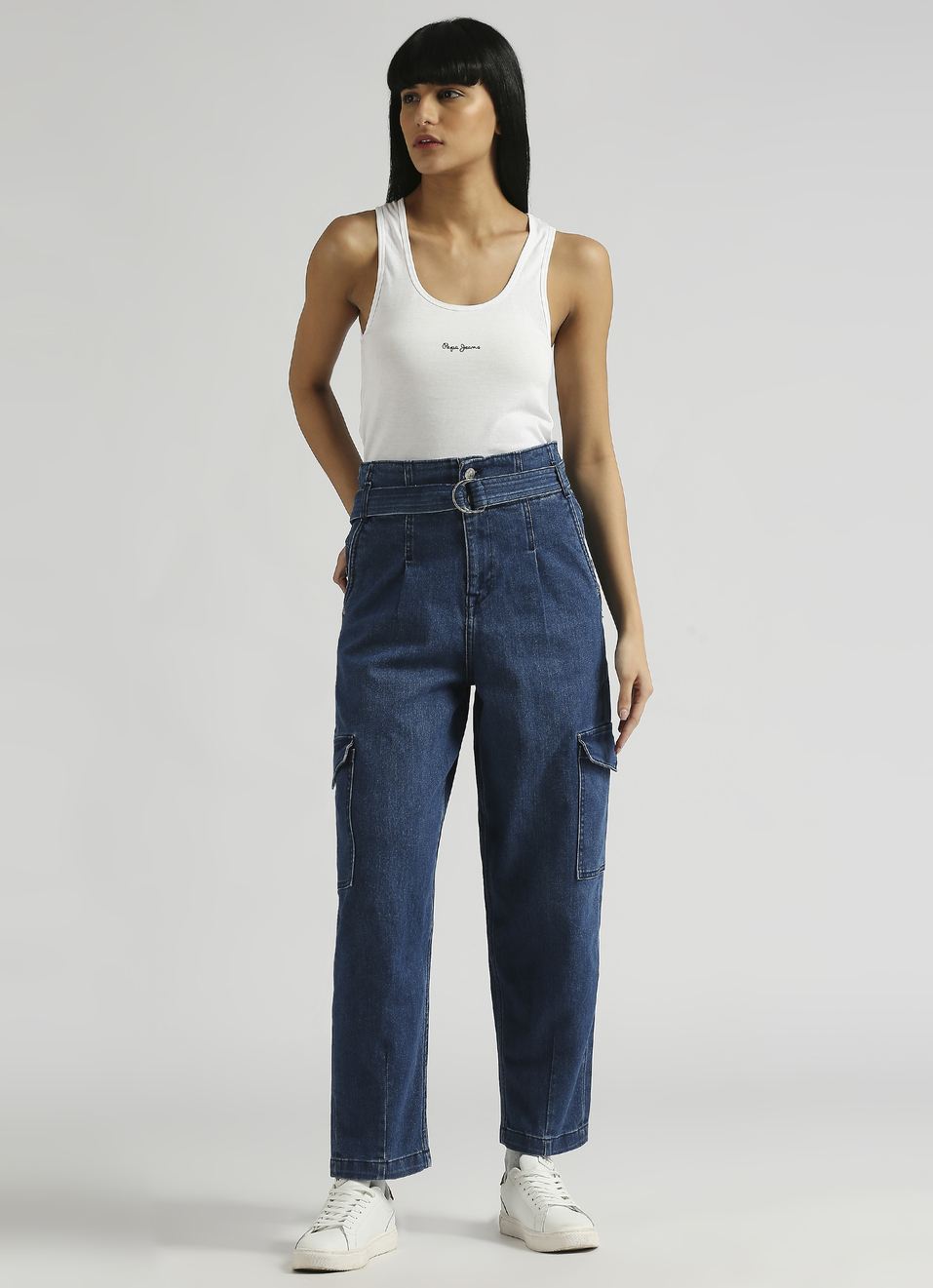 Blue High Waist Tapered Fit Utility Cargo Jeans, , large image number 5