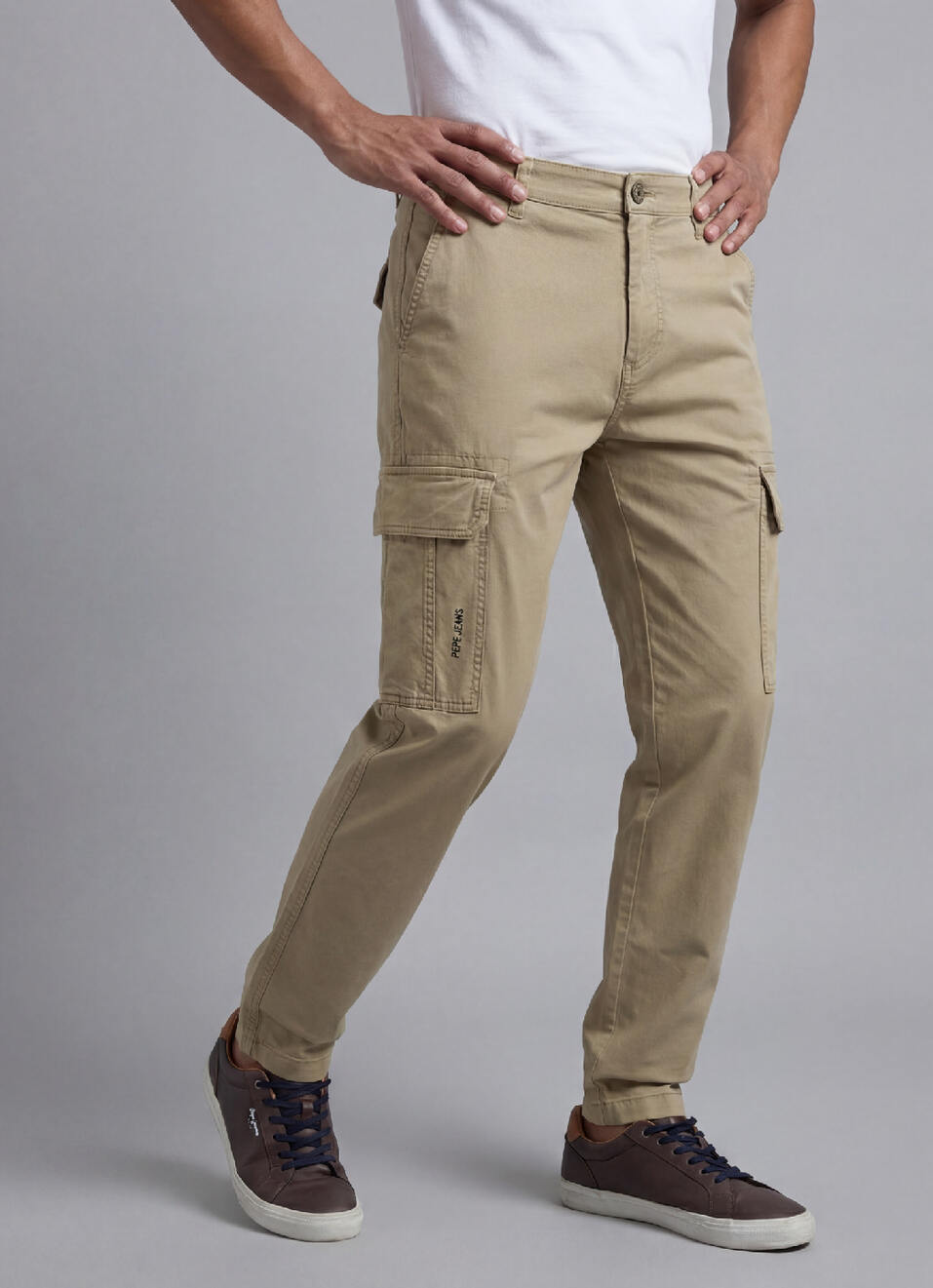 Men Beige Mid Rise Stretch Cargos, , large image number 0
