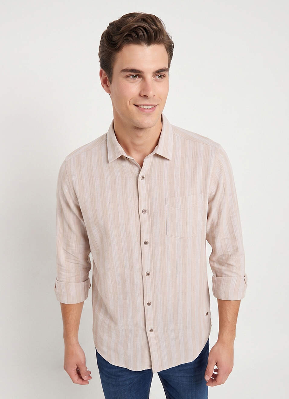 Men Beige Striped Dobby Long Sleeve Shirt, , large image number 1
