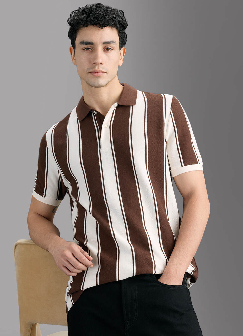 Men Brown Striped Polo T-shirt, , large image number 0