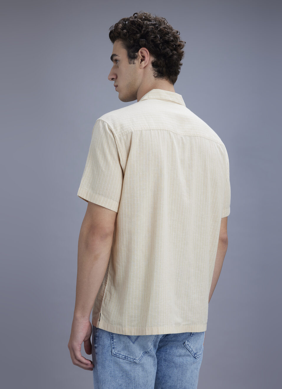 Men Beige Striped Resort Collar Shirt, , large image number 6