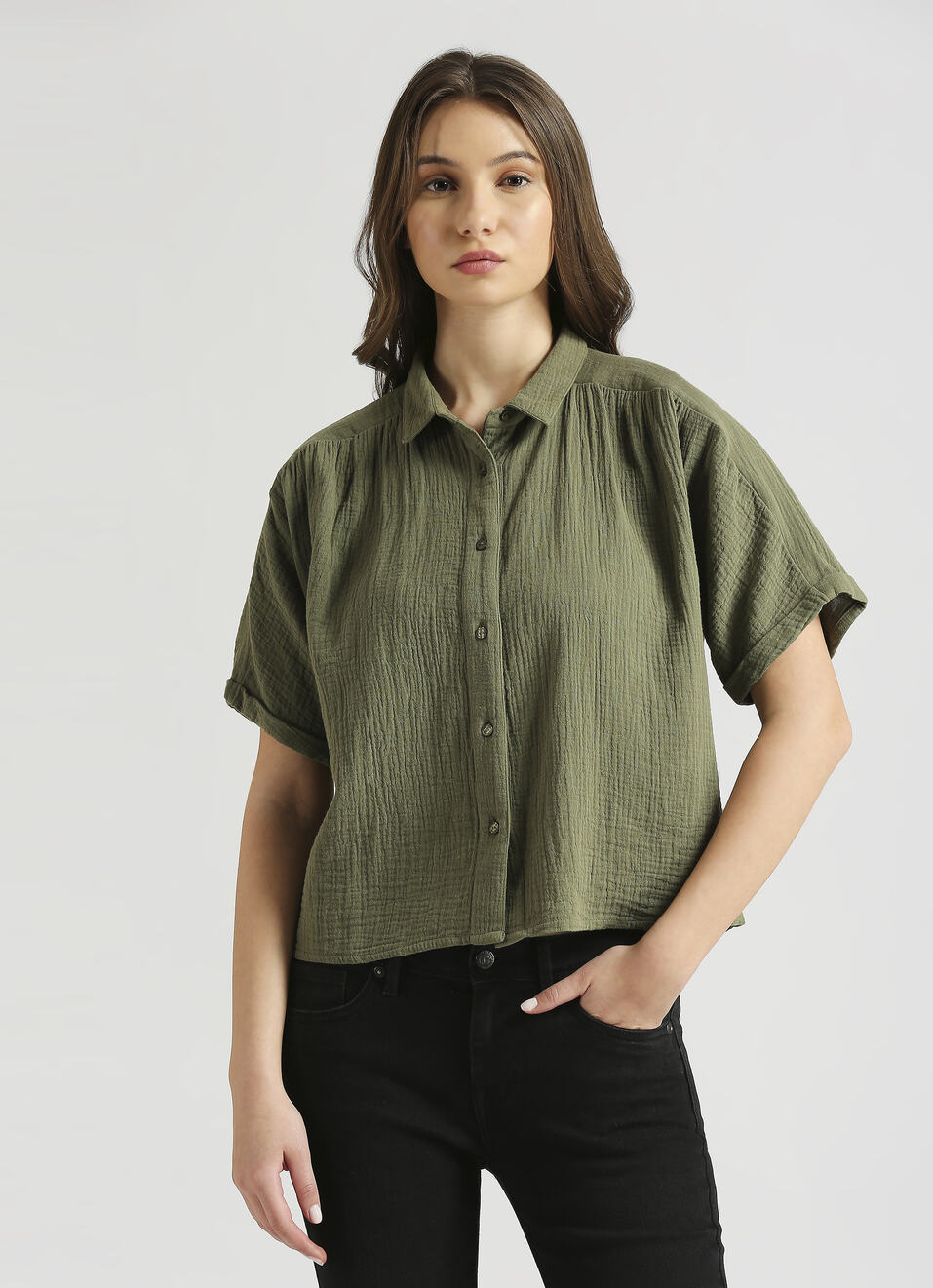 Olive Front Yoke Extended Shoulder Shirt, , large image number 1