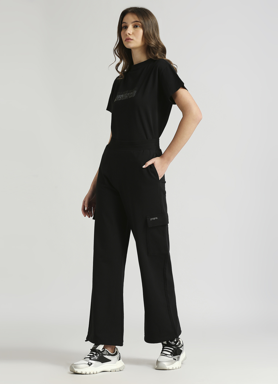 Black Reflective Print Wide Leg Joggers , , large image number 5