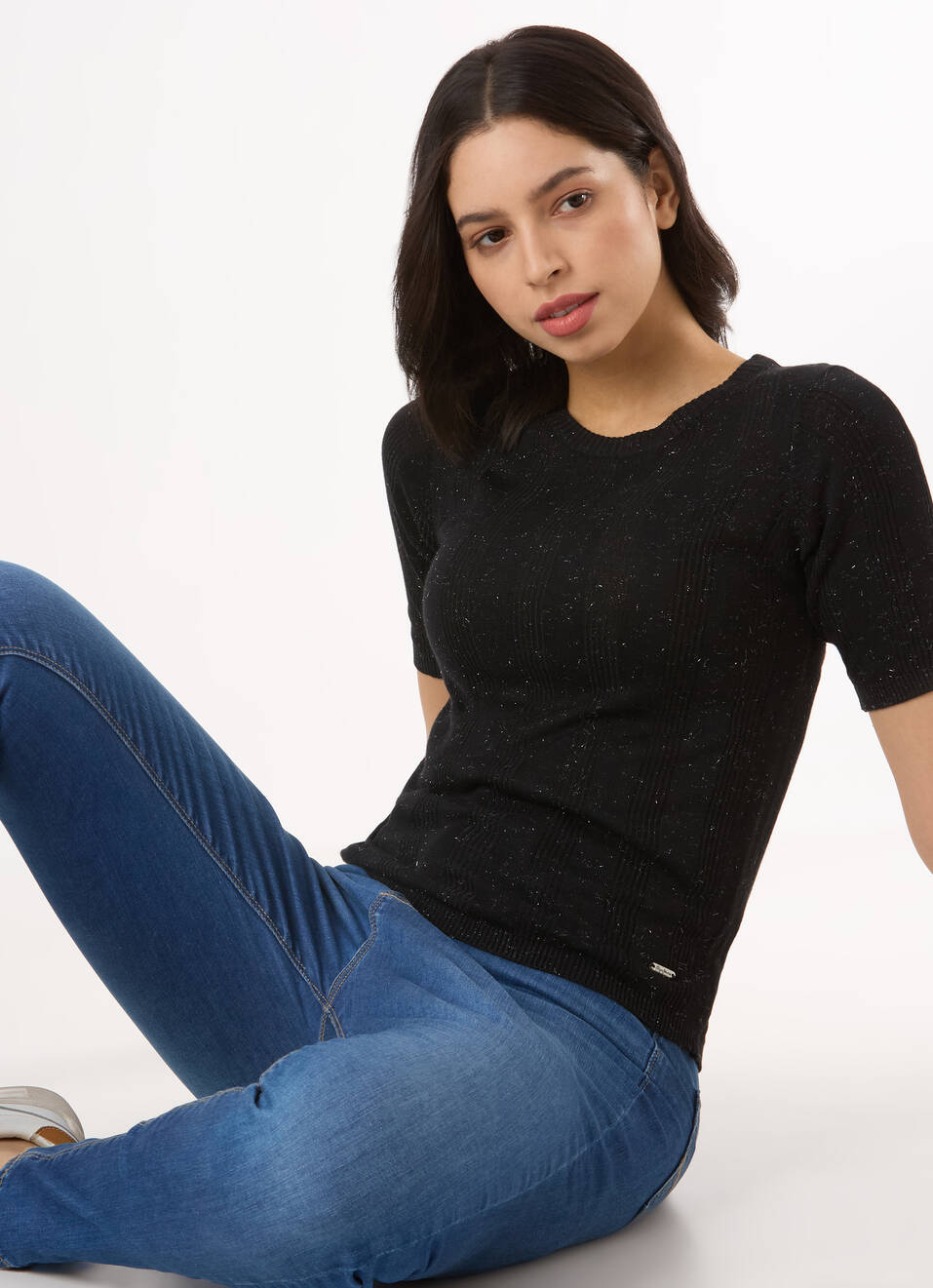 Women Black Textured Regular Half Sleeve Top, , large image number 0