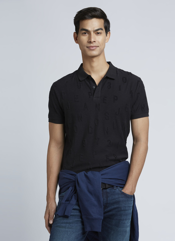 Black Typographic Print Short Sleeve Polo