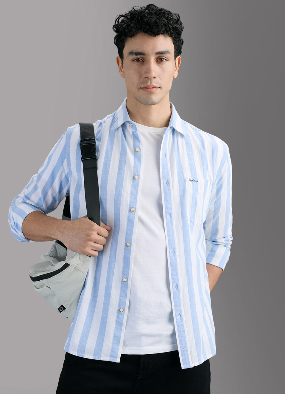 Men Blue Striped Shirt, , large image number 0