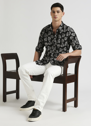 Black Botanical Print Twill Long Sleeve Shirt