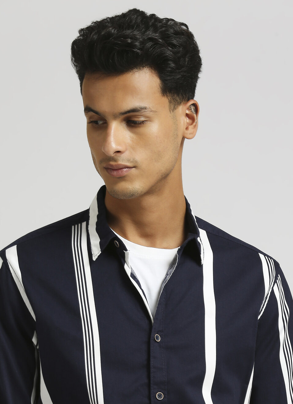 Navy Narrow Stripes Twill Long Sleeve Shirt, , large image number 4