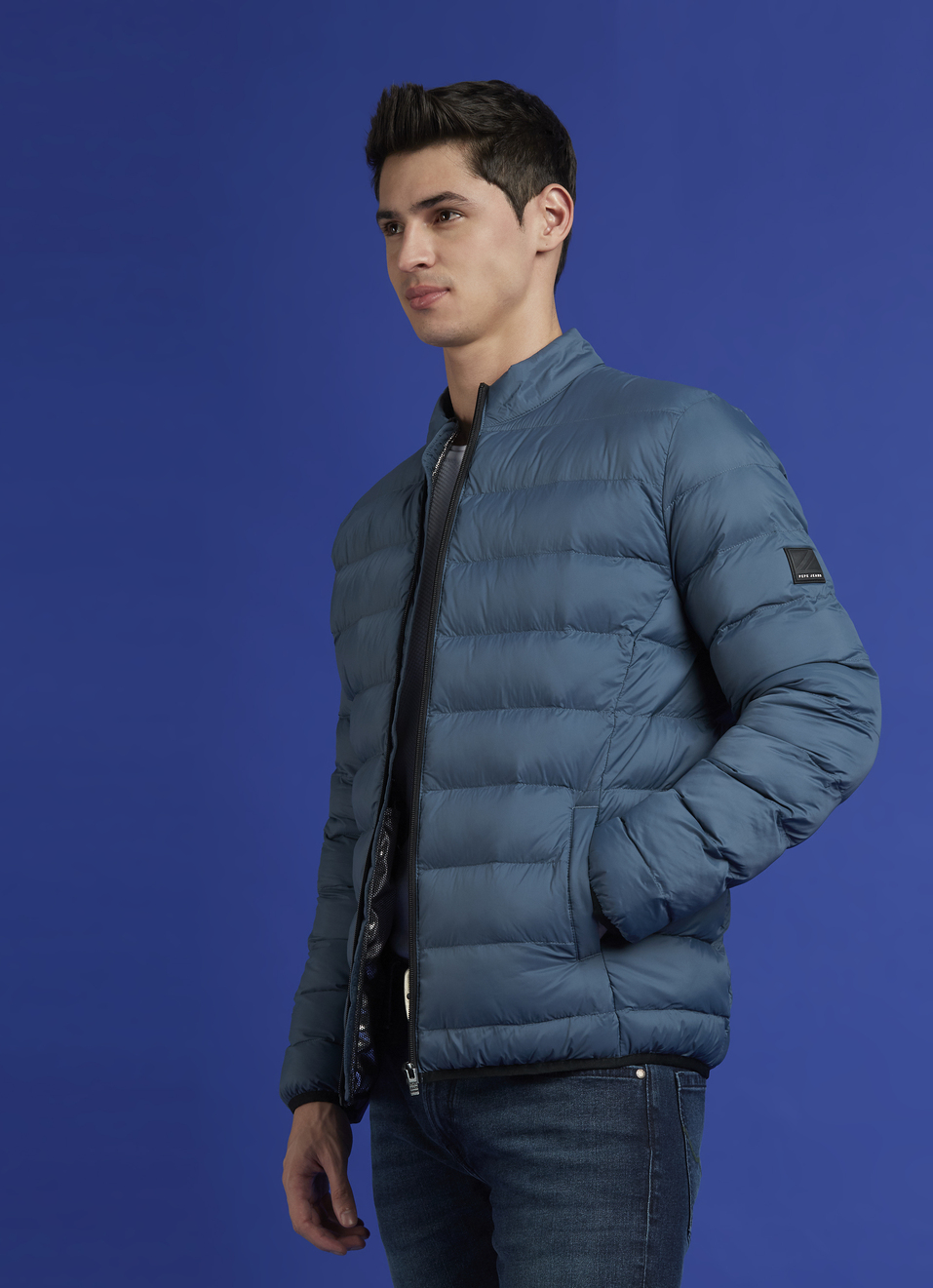 Teal Blue Solid Full Sleeve Puffer Jacket, , large image number 0
