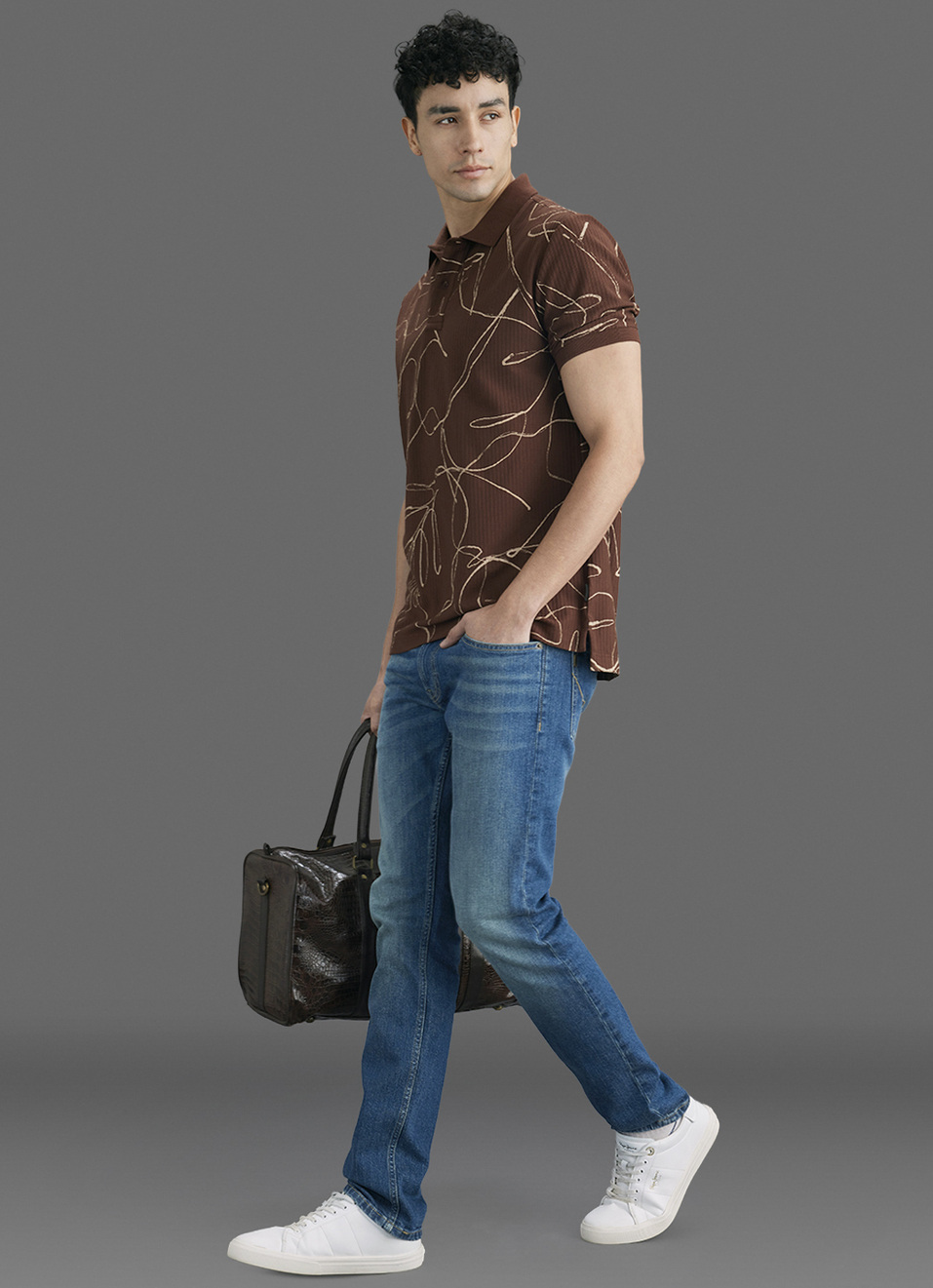 Men Brown Printed Polo Collar T-shirt, , large image number 2