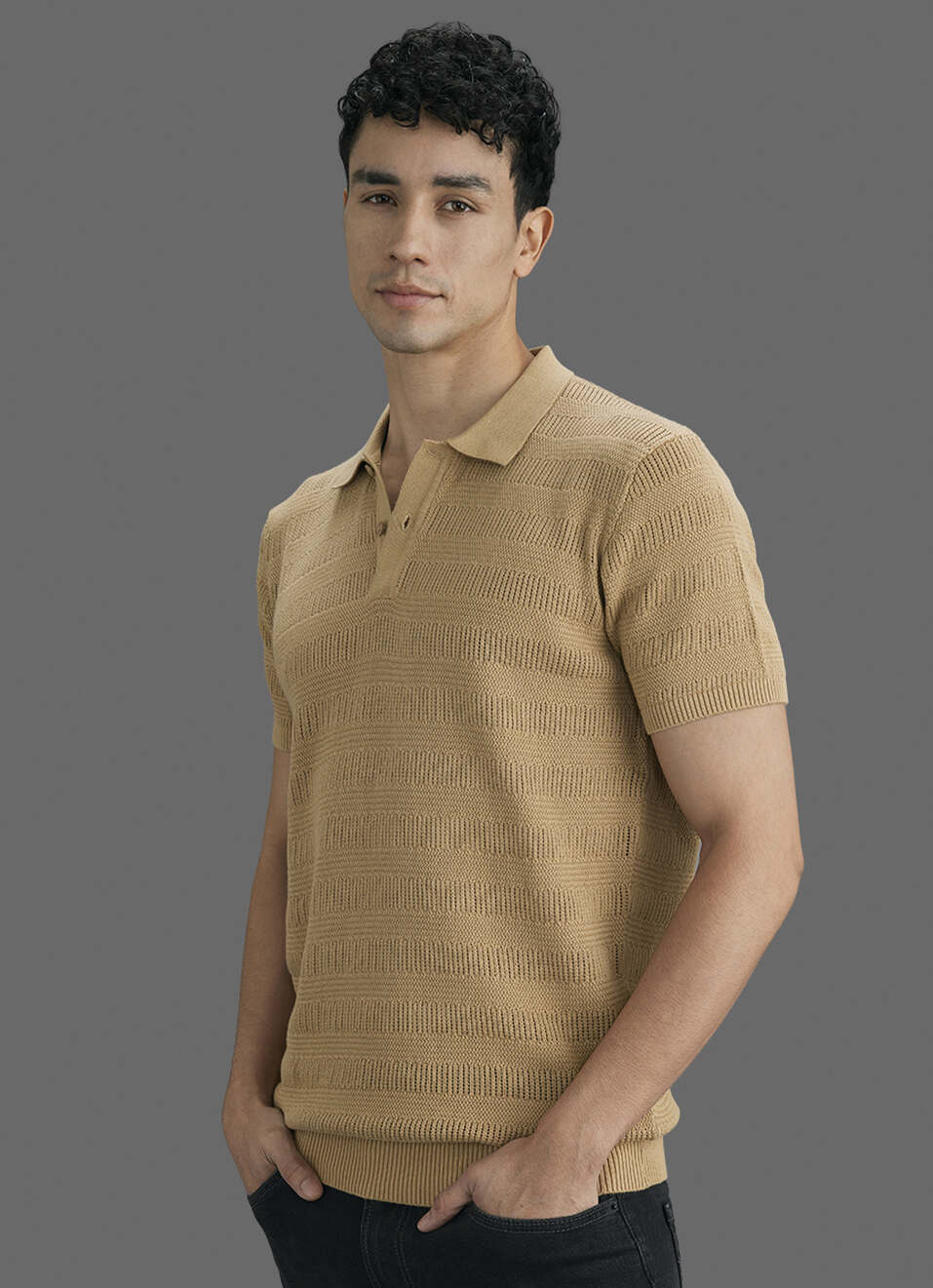 Men Beige Striped Flat Knit Polo Collar T-shirt, , large image number 7