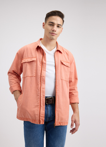 Men Orange Overdyed Oversized Zipper Shirt