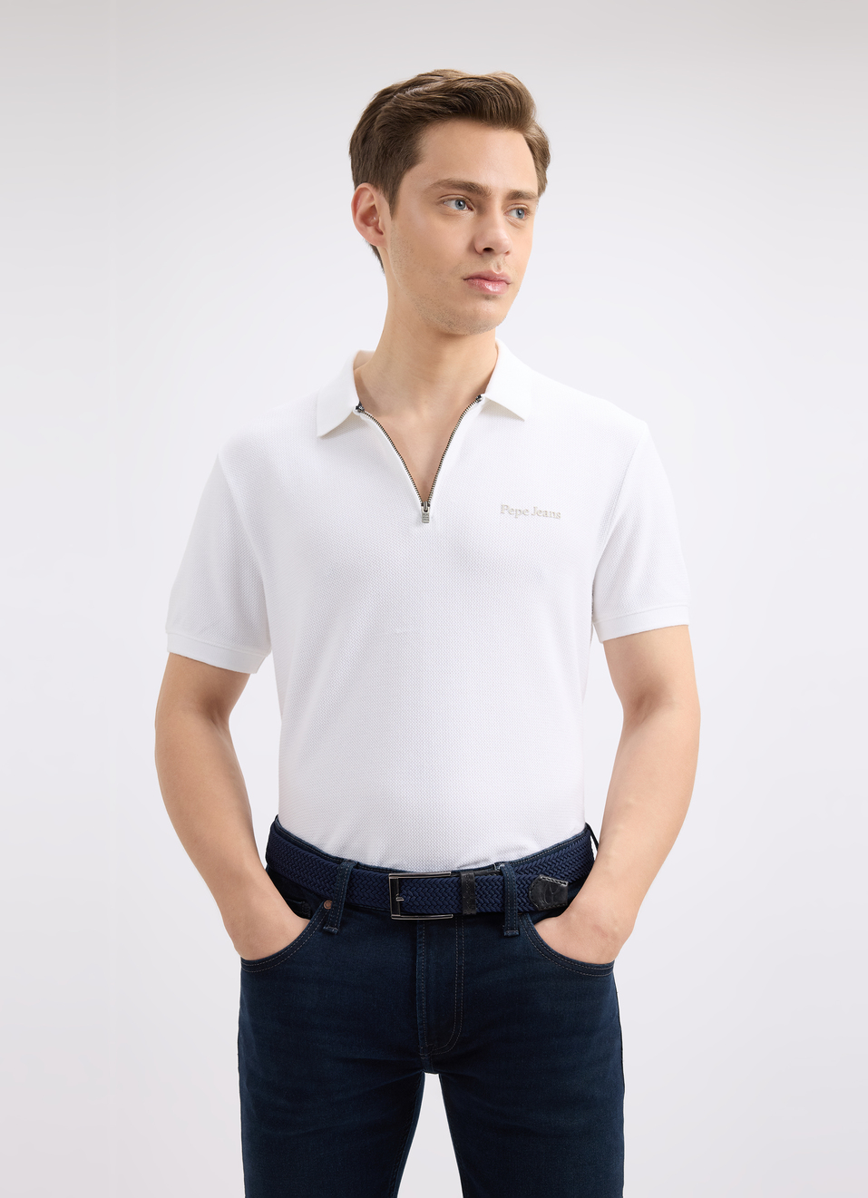 Men White Short Sleeve Zipper Polo, , large image number 0