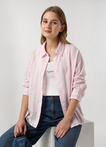 Women Pink Textured Striped Oversized Casual Shirt