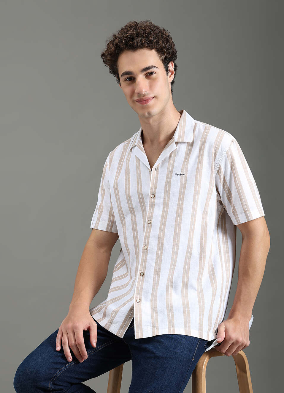 Men Beige Striped Resort Collar Shirt, , large image number 0