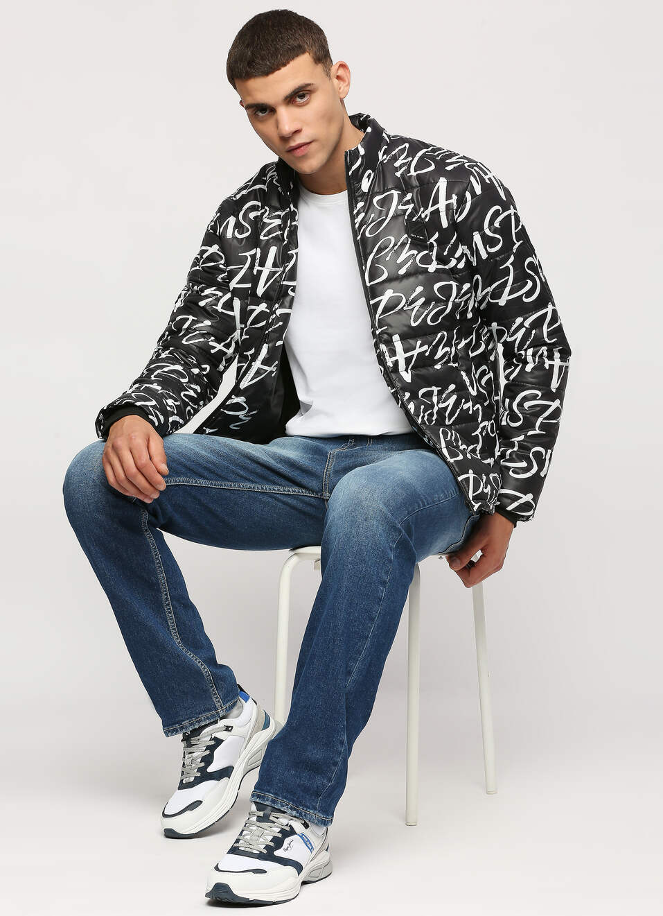 Black Typographic Printed Puffer Jacket, , large image number 5