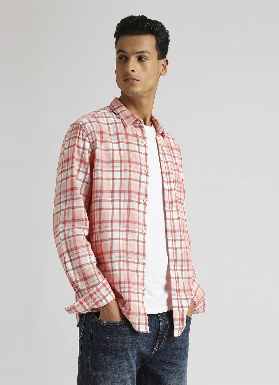 Peach Checks Yarn Dyed Long Sleeve Shirt, , large image number 0