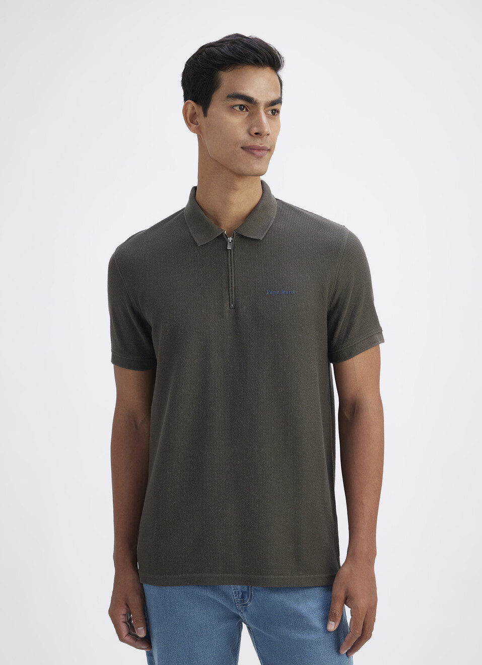 Men Olive Short Sleeve Zipper Polo, , large image number 1