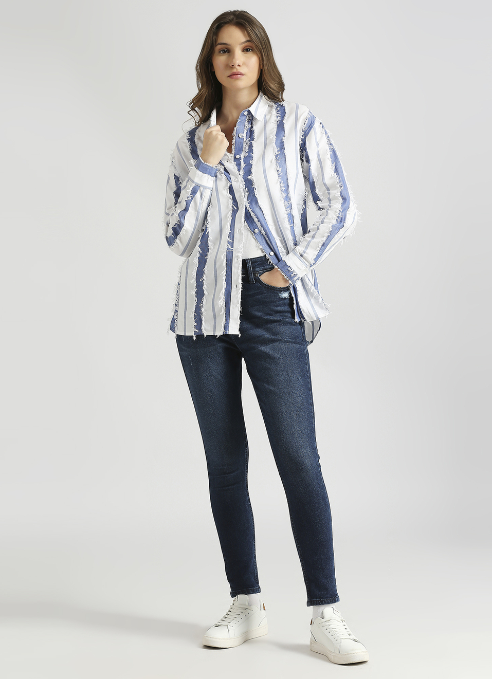 Blue Oversized Stripes Self Design Long Sleeve Shirt, , large image number 5