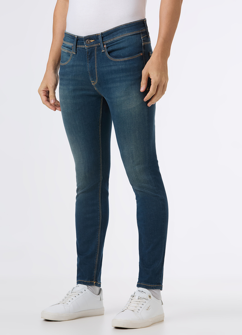 Men Blue Mid Rise Skinny Fit Powerflex Jeans, , large image number 5