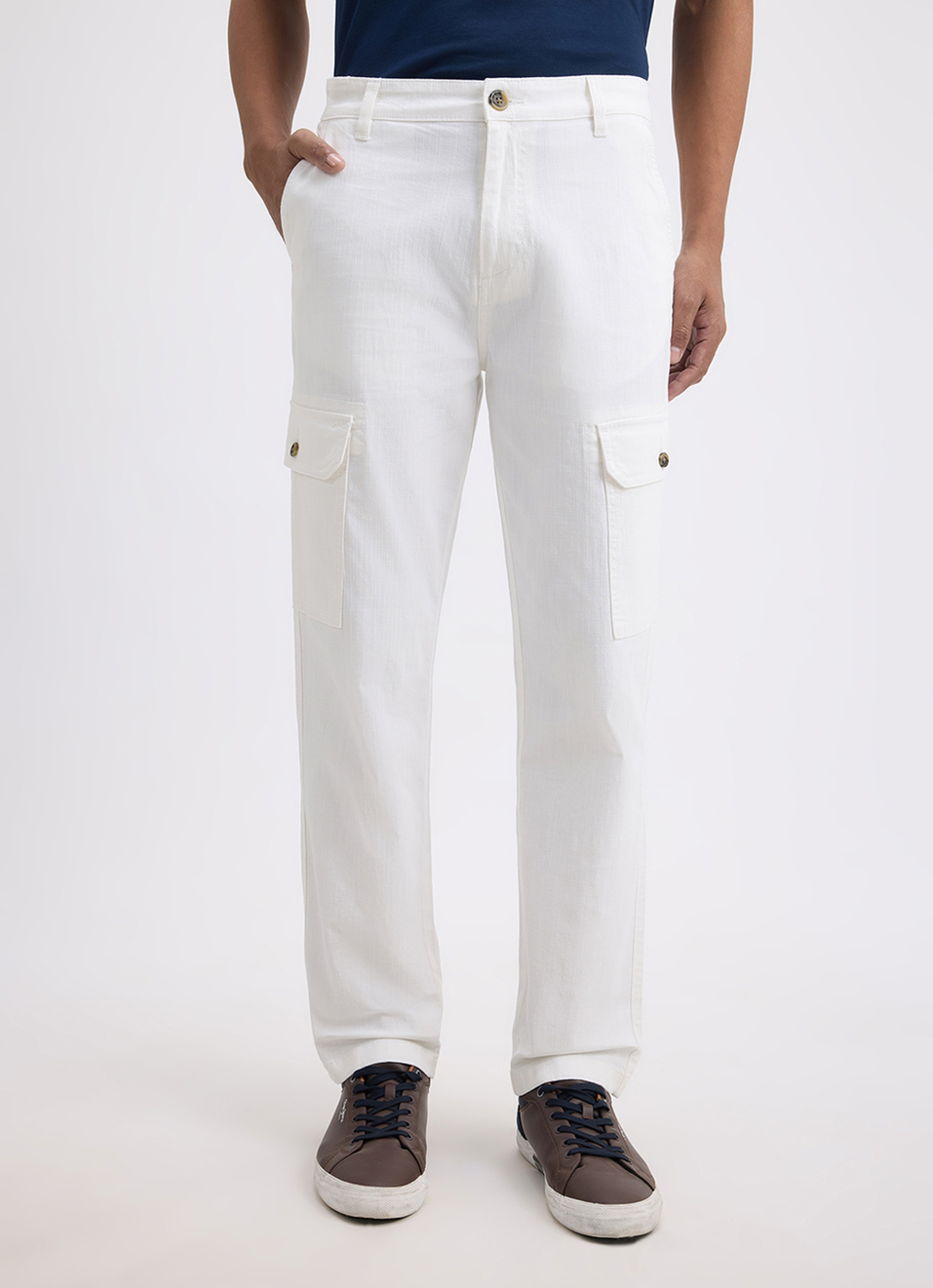 Men White Mid Rise Overdyed Stretch Cargos, , large image number 2