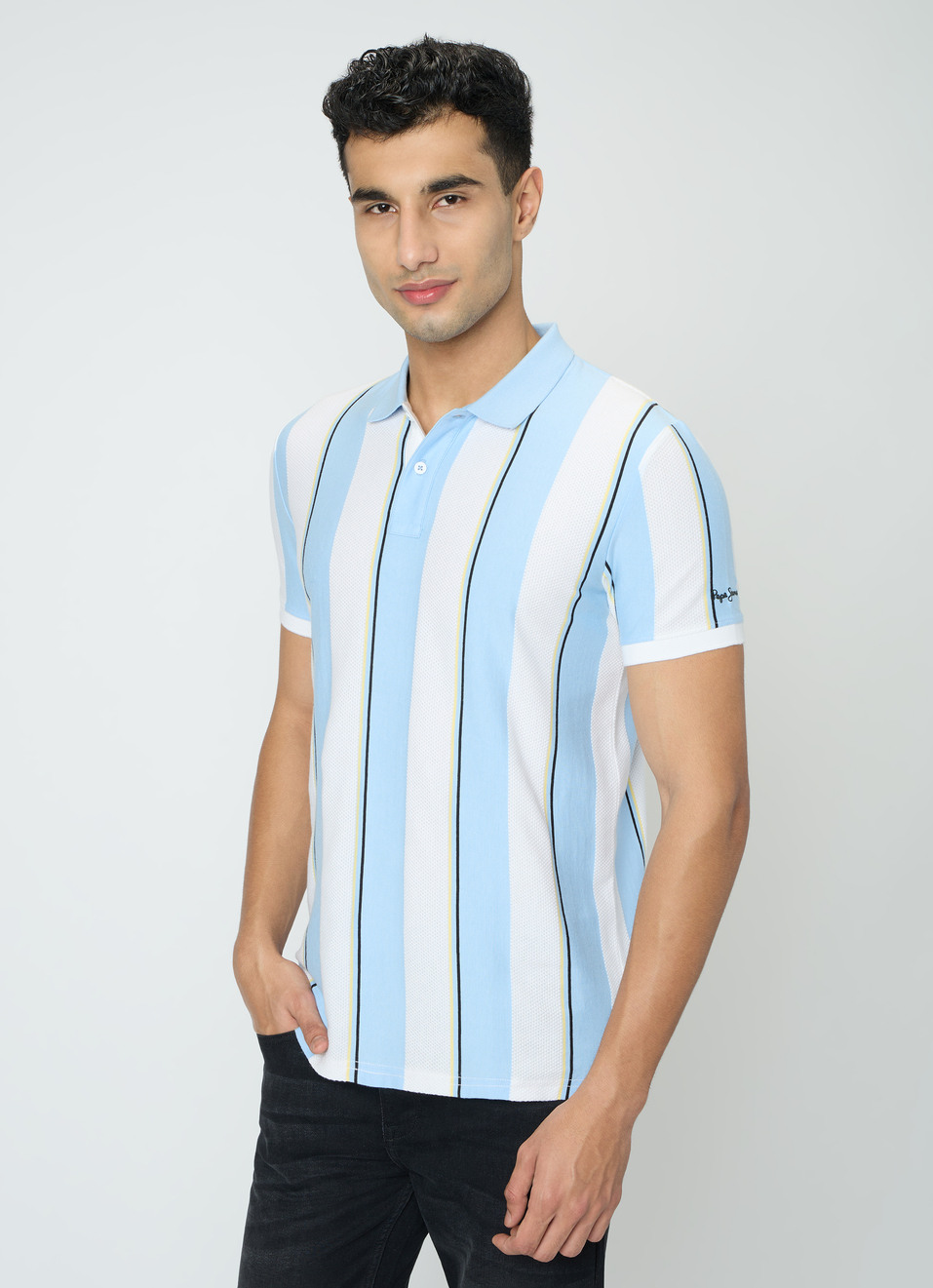 Men Blue Striped Polo Collar T-shirt, , large image number 3