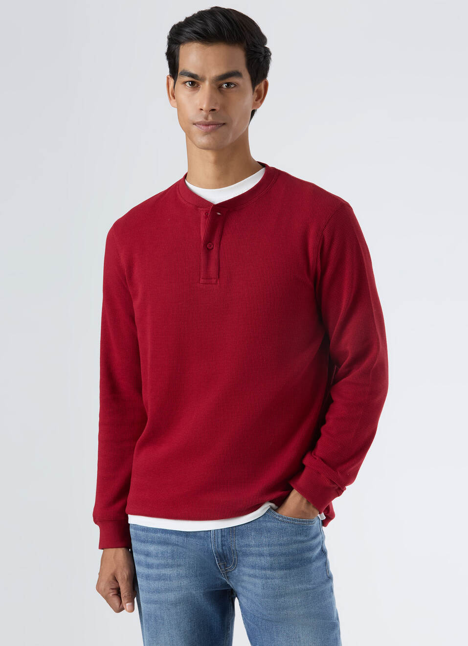 Men Ecru Waffle Knit Henley Neck Full Sleeve T-shirt, , large image number 0