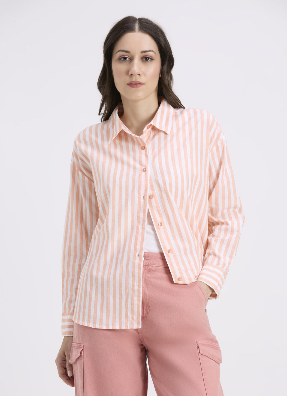Women Orange Vertical Stripe Full Sleeve Oversized Shirt, , large image number 0