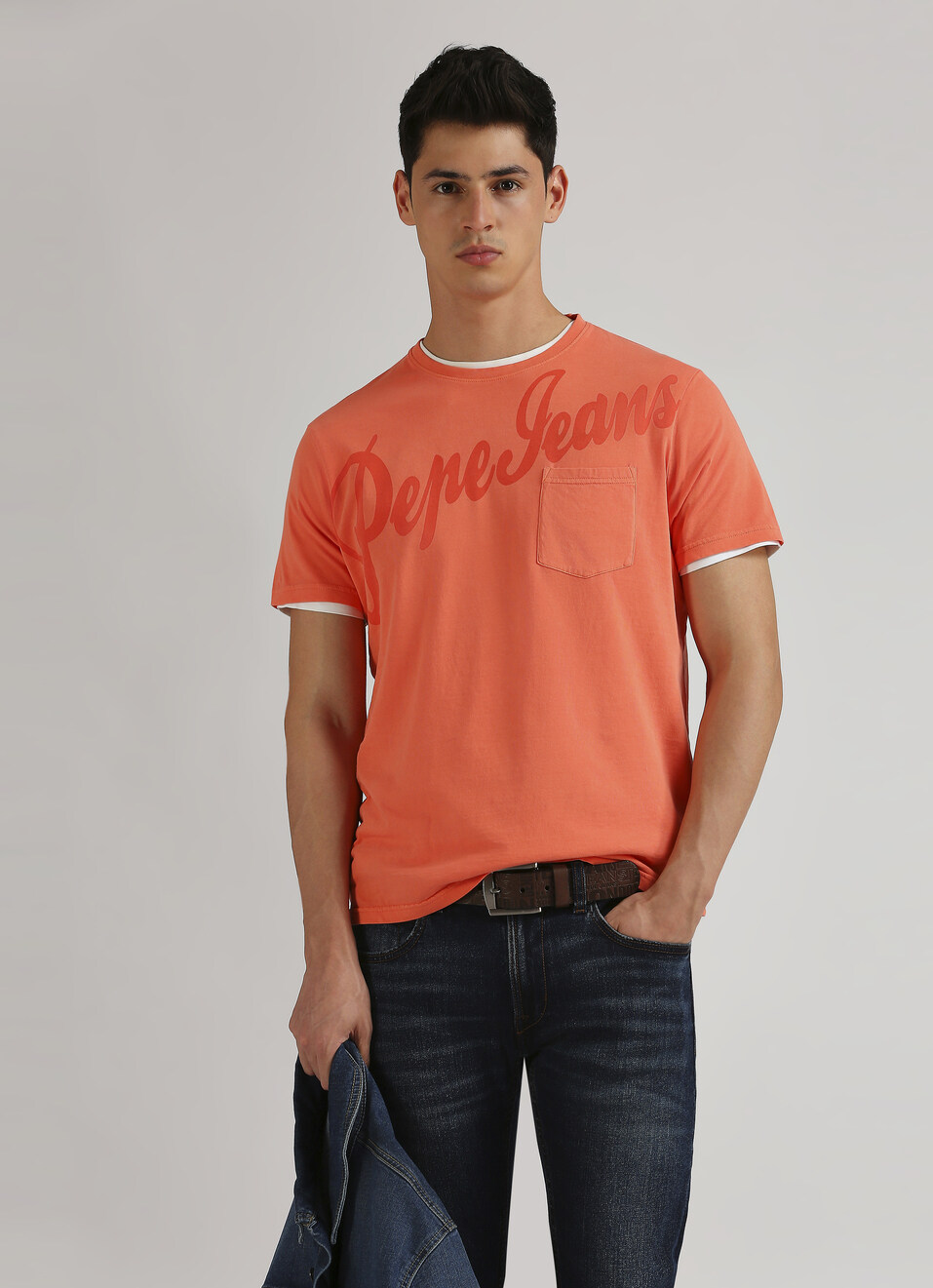 Peach Single Pocket Overdyed Short Sleeve T-shirt, , large image number 0
