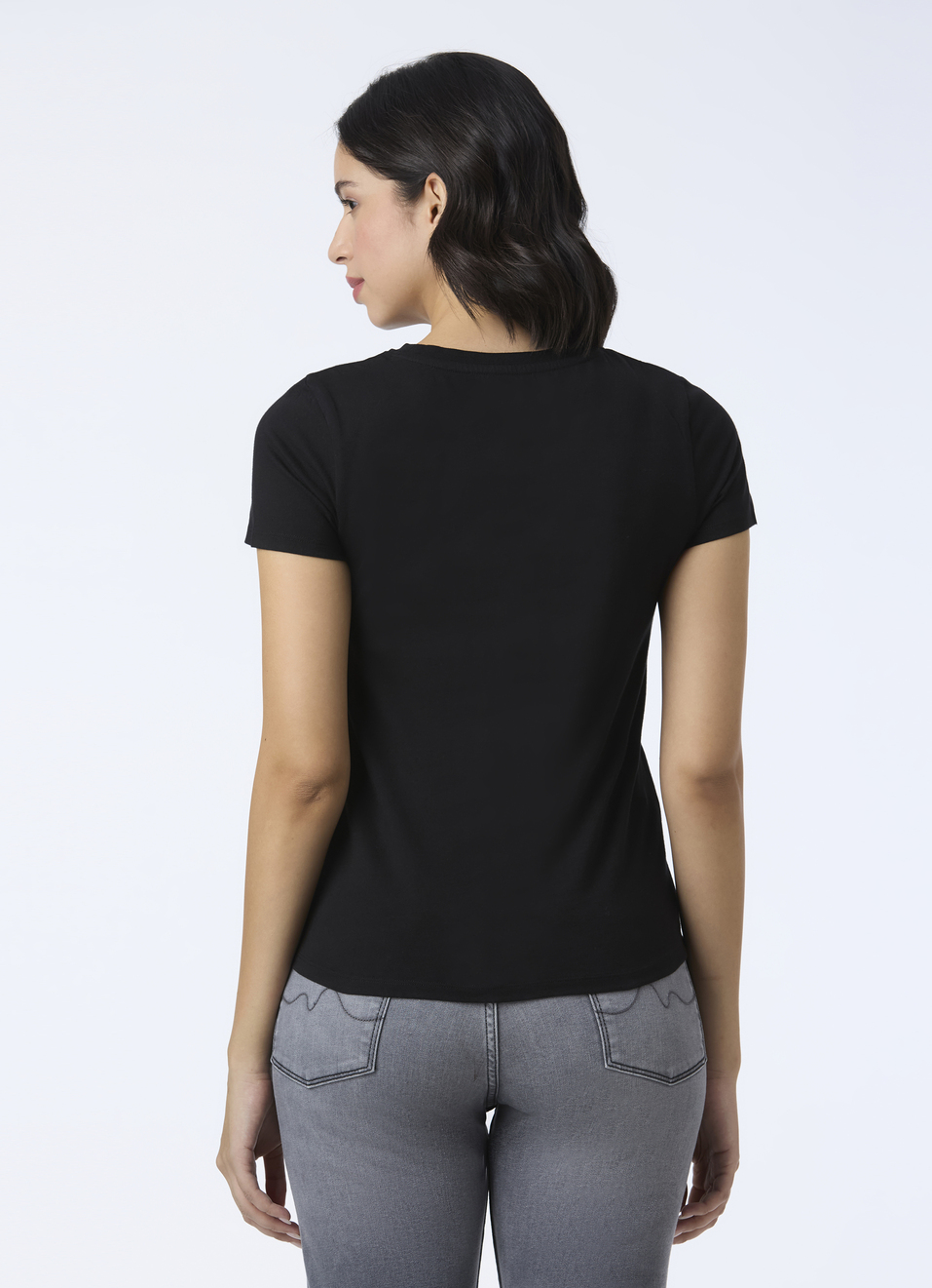 Women Black Crew Neck Short Sleeves T-shirt, , large image number 2