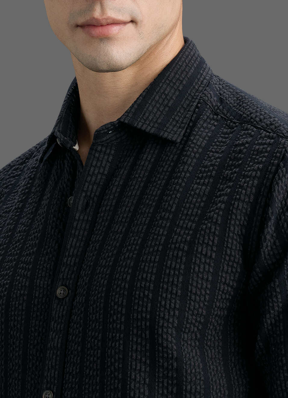 Men Black Striped Seersucker Long Sleeve Shirt, , large image number 1