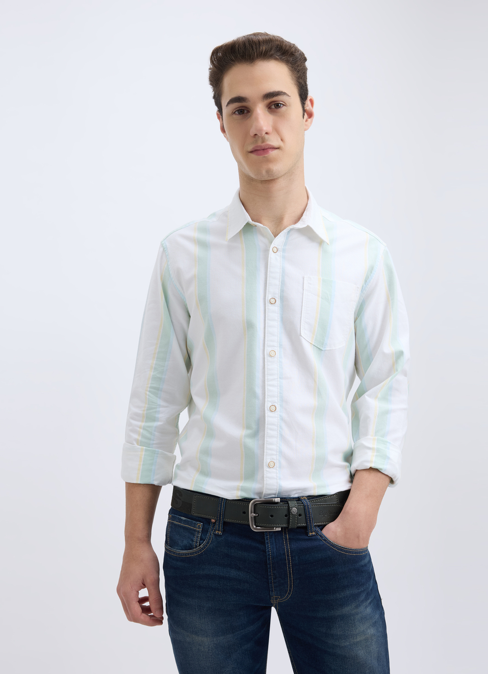 Men White Stripe Full Sleeve Shirt, , large image number 0