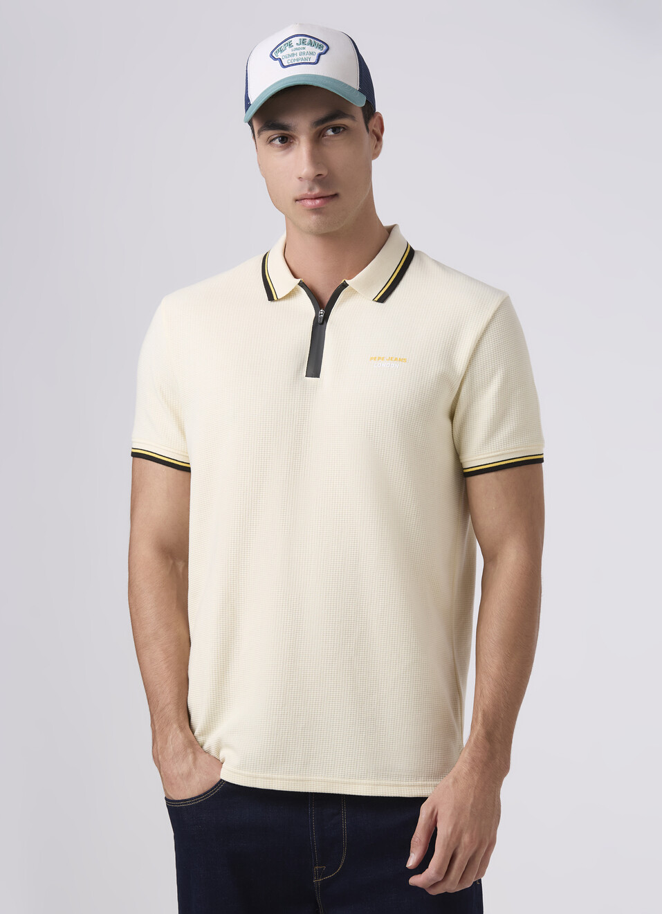Men Ivory White Zipper Polo Collar T-shirt, , large image number 0