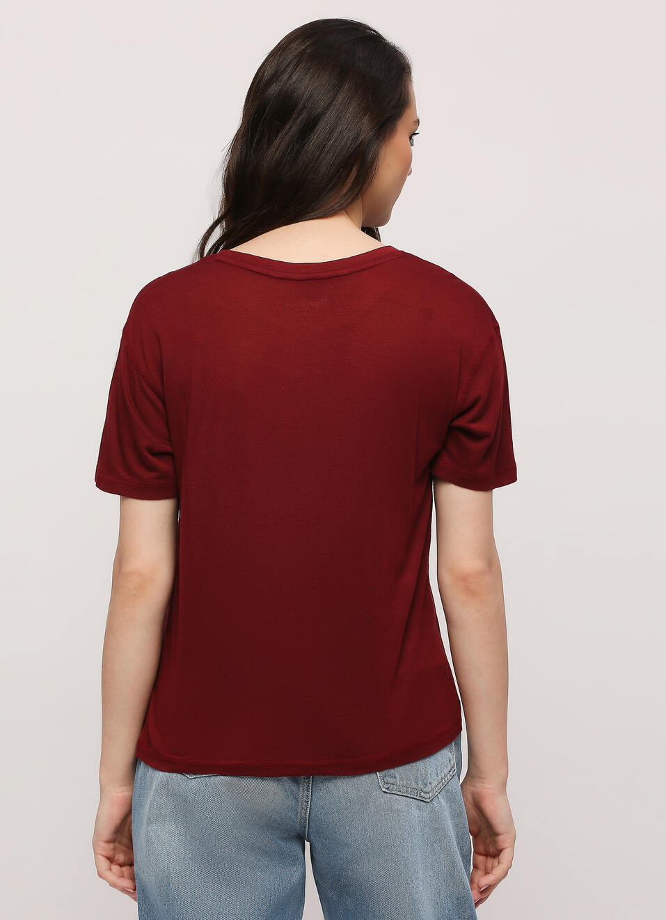 Burgundy Round Neck Short Slevee T-shirt, , large image number 2