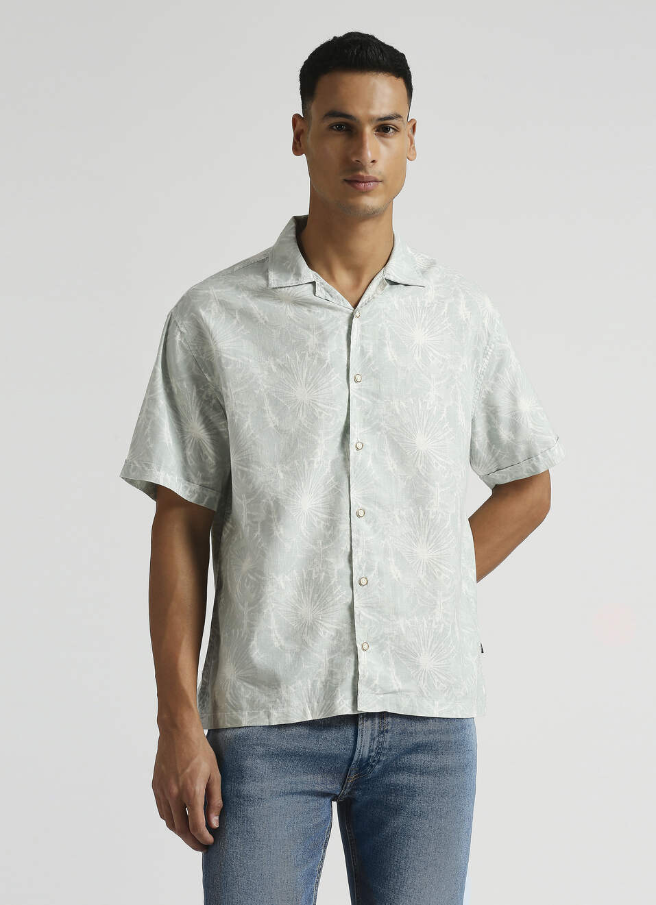Mint Botanical Print Resort Collar Short Sleeve Shirt, , large image number 0