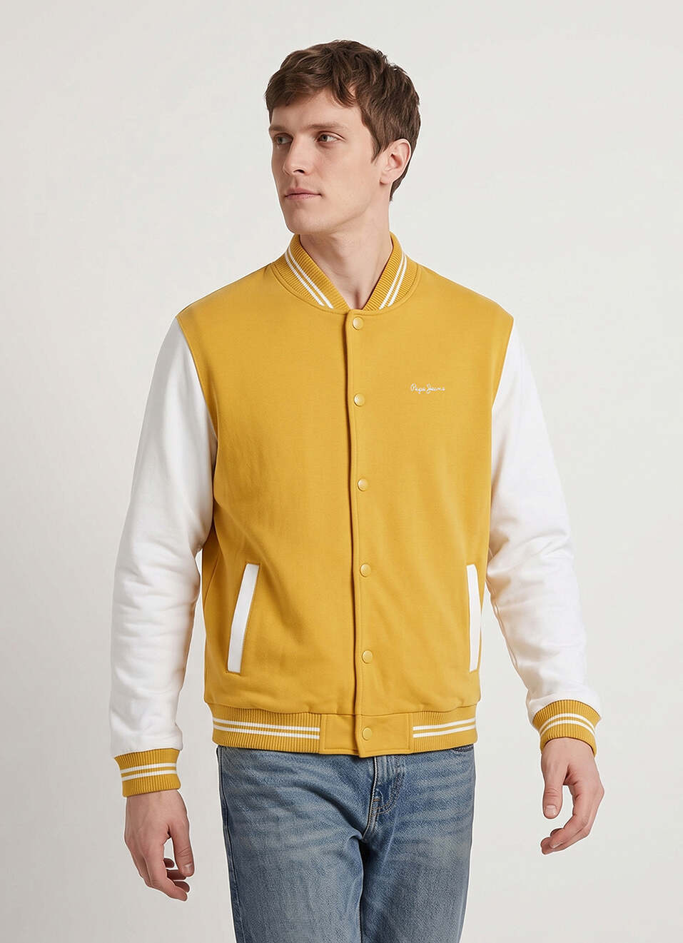Men Yellow Solid Baseball Collar Long Sleeve Jacket, , large image number 1