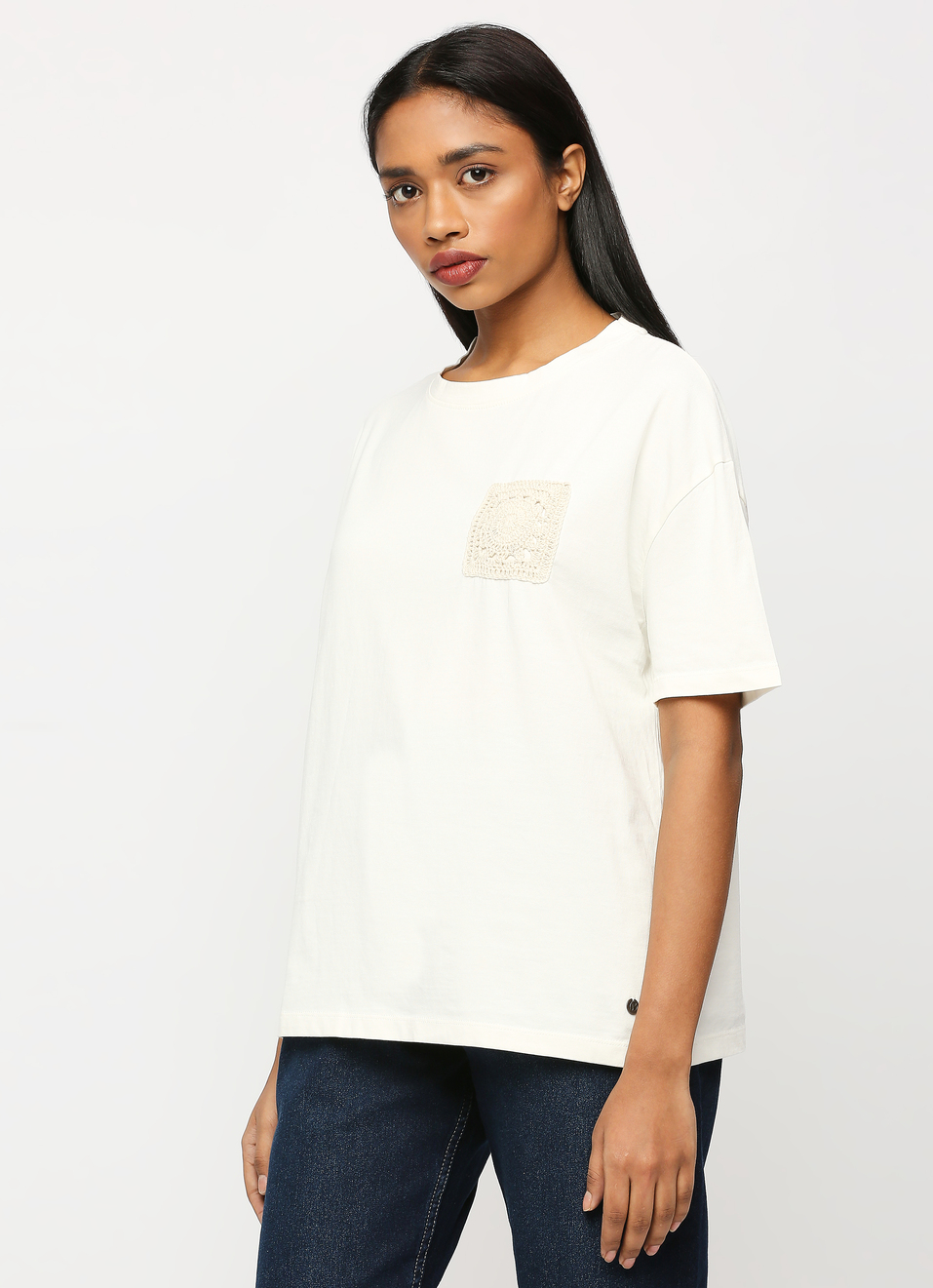White Crochet Pocket Oversized Short Sleeve T-shirt, , large image number 3
