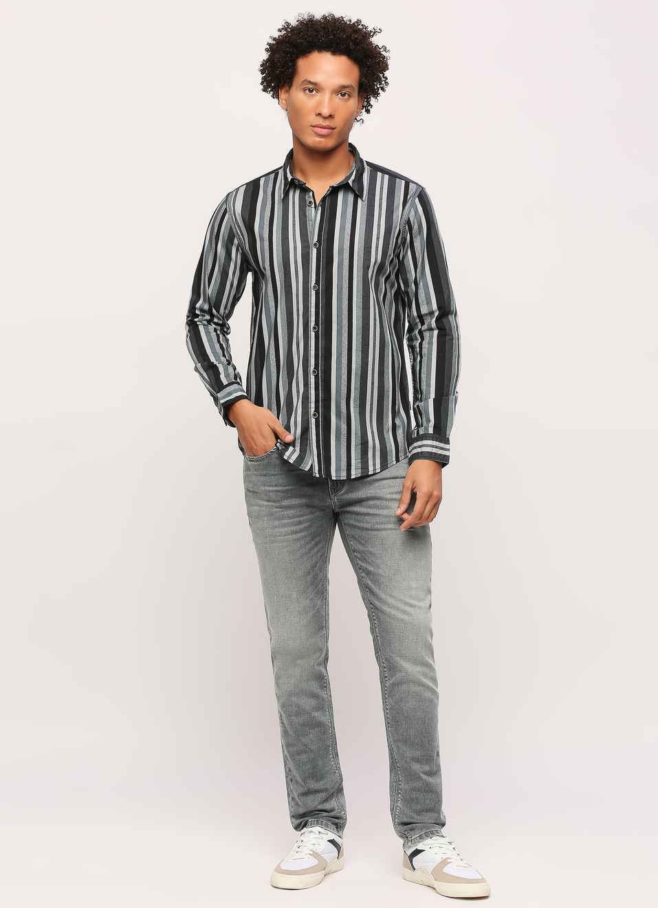 Grey Striped Full Slevee Shirt, , large image number 6
