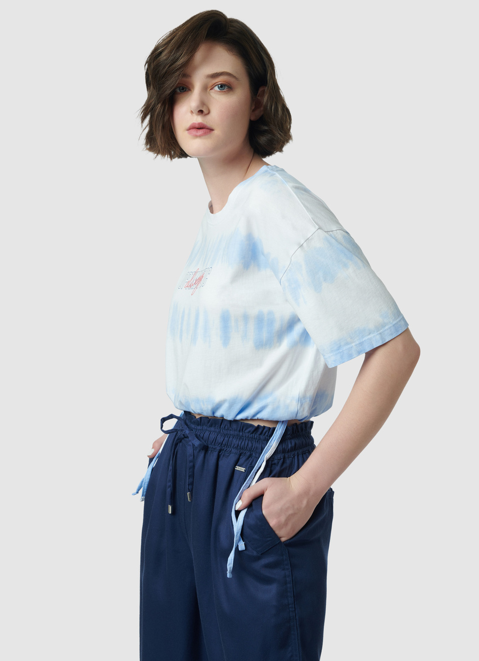Tie & Dye Tie-up Hem Blue T-shirt, , large image number 3