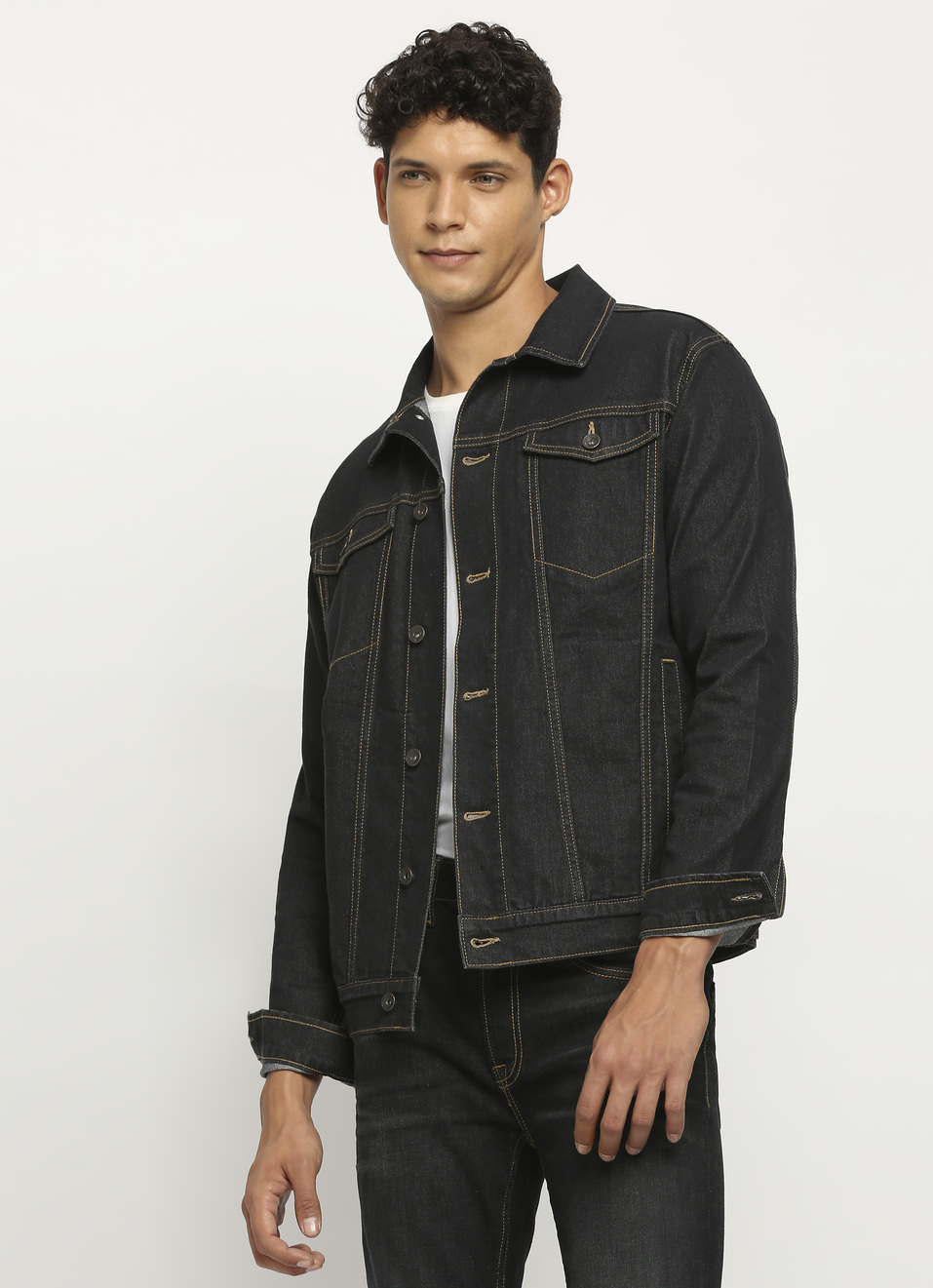 Black Front Pocket Trucker Fit Denim Jacket, , large image number 0