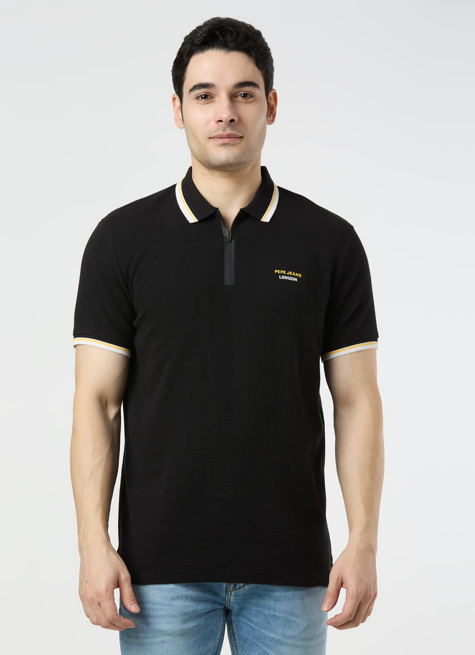 Men Black Zipper Polo Collar T-shirt, , large image number 1