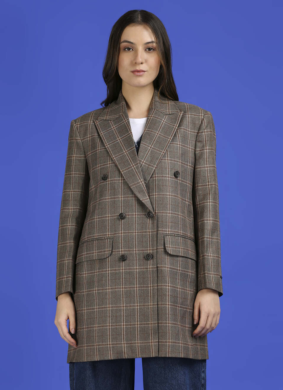 Brown Check Full Sleeve Long Jacket, , large image number 1
