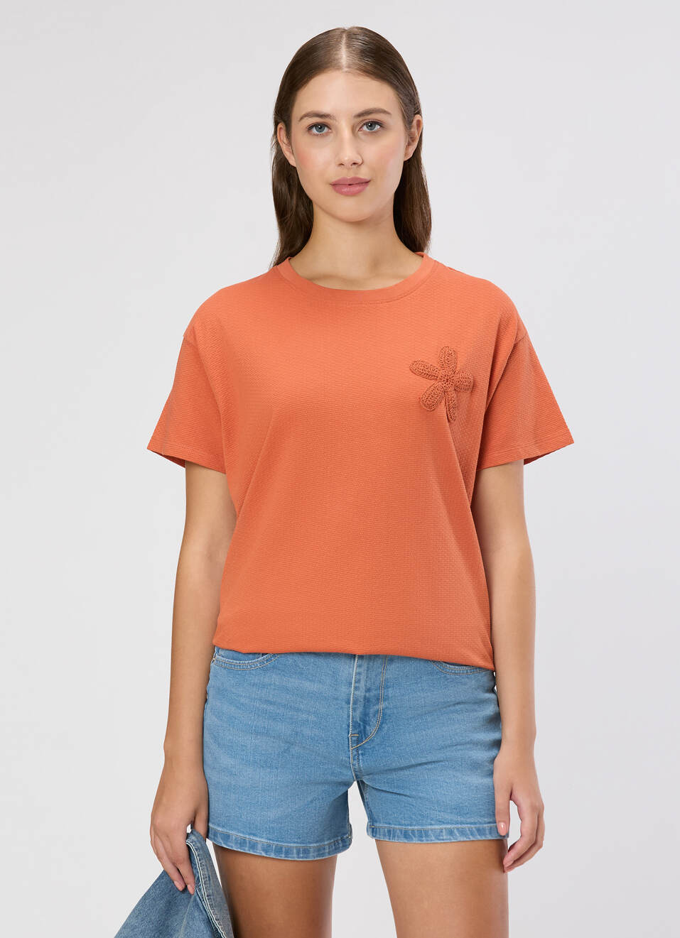 Women Orange Crochet Patch T-shirt, , large image number 0