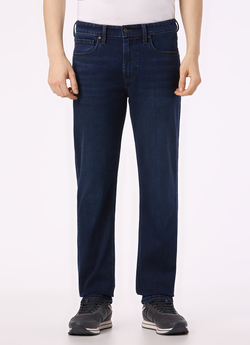 Men Dark Blue Mid Rise Straight Fit Stretchable Jeans, , large image number 2