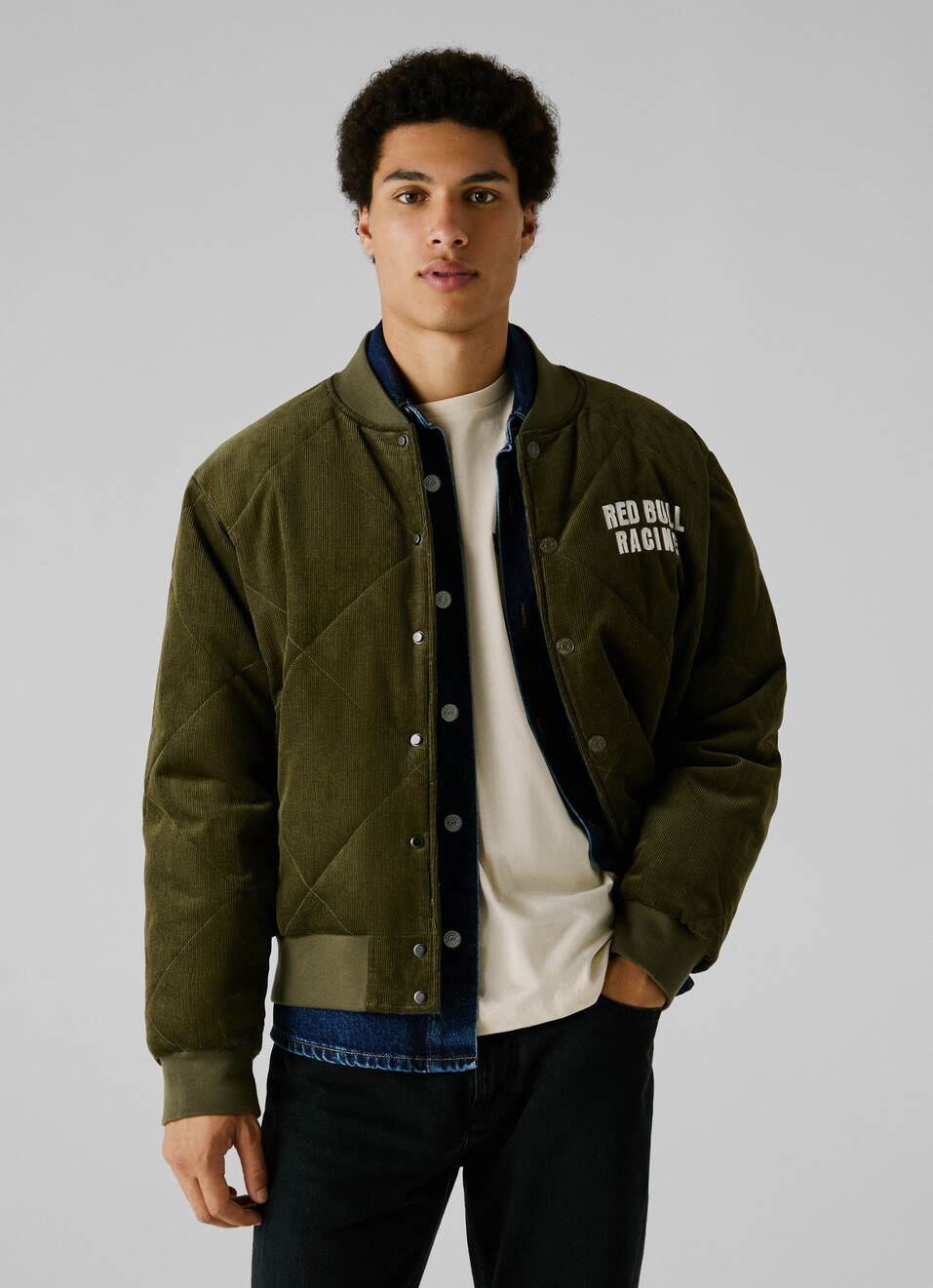 Red Bull Racing X Pepe Jeans Green Corduroy Bomber Jacket, , large image number 0