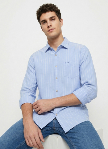 Men Blue Striped Oxford Long Sleeve Shirt