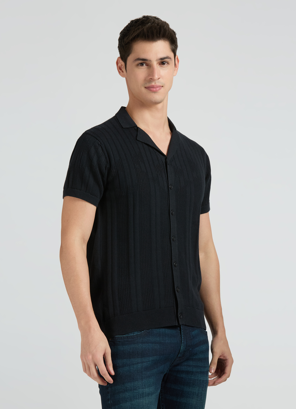 Black Resort Collar Short Sleeve Flat Knit Shirt, , large image number 3
