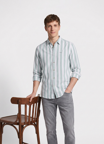 Men Green Striped Dobby Long Sleeve Shirt
