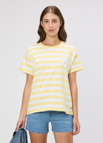 Women Yellow Striped Crochet Patch T-shirt